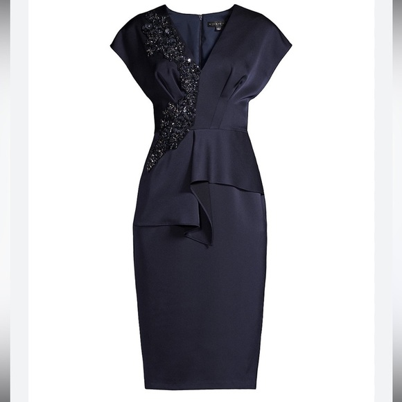 Aidan Mattox- NWT Navy V-Neck Cap Sleeve Beaded Cocktail Mini Dress - Picture 2 of 6